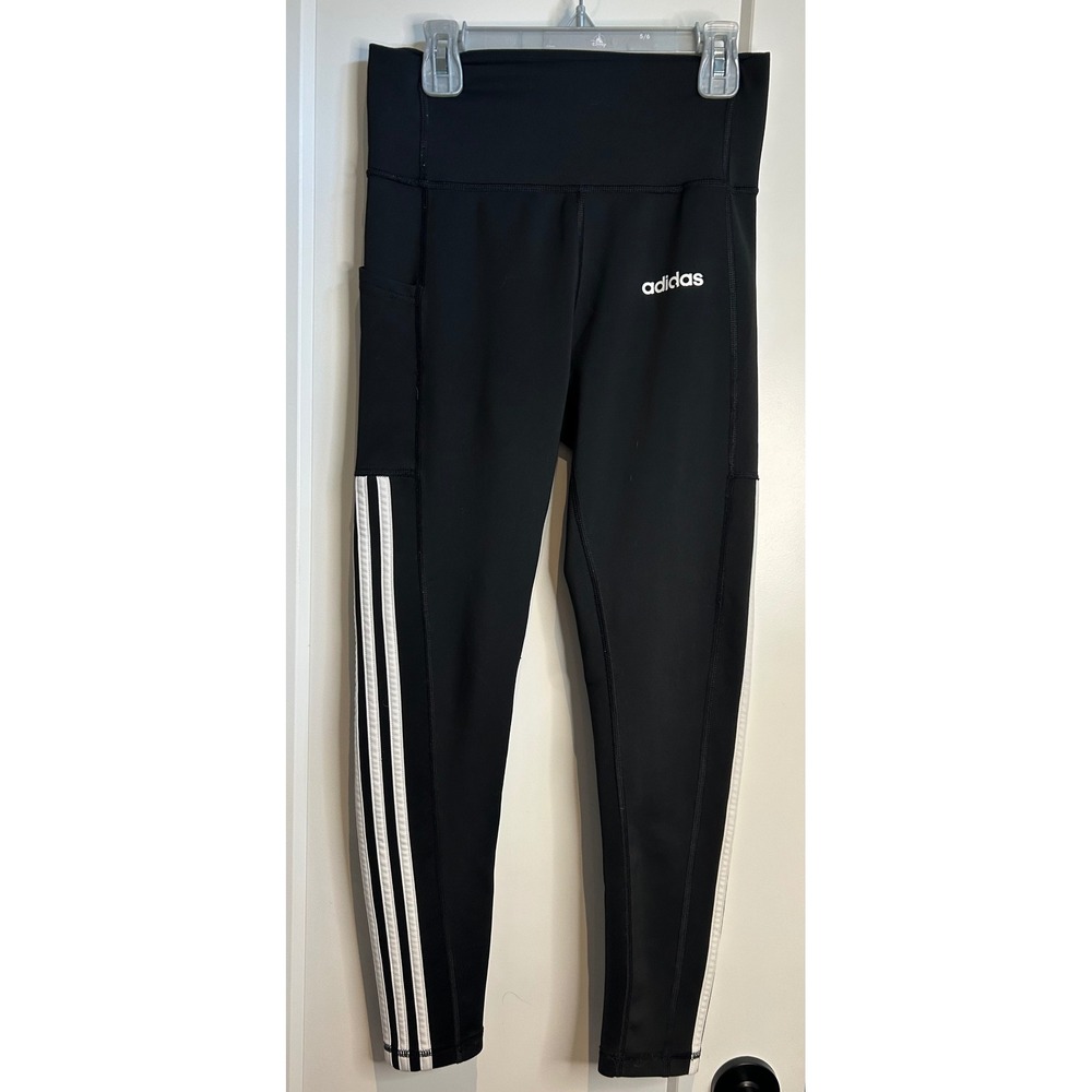 Adidas Womens Climalite High Rise 3 Stripe Leggings Black White Small Pockets